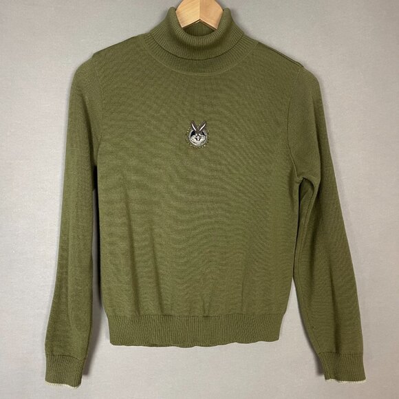 Wool Sweater Rabbit Patch Quirky Green Turtleneck Long Sleeve Bunny Pullover - Picture 1 of 12